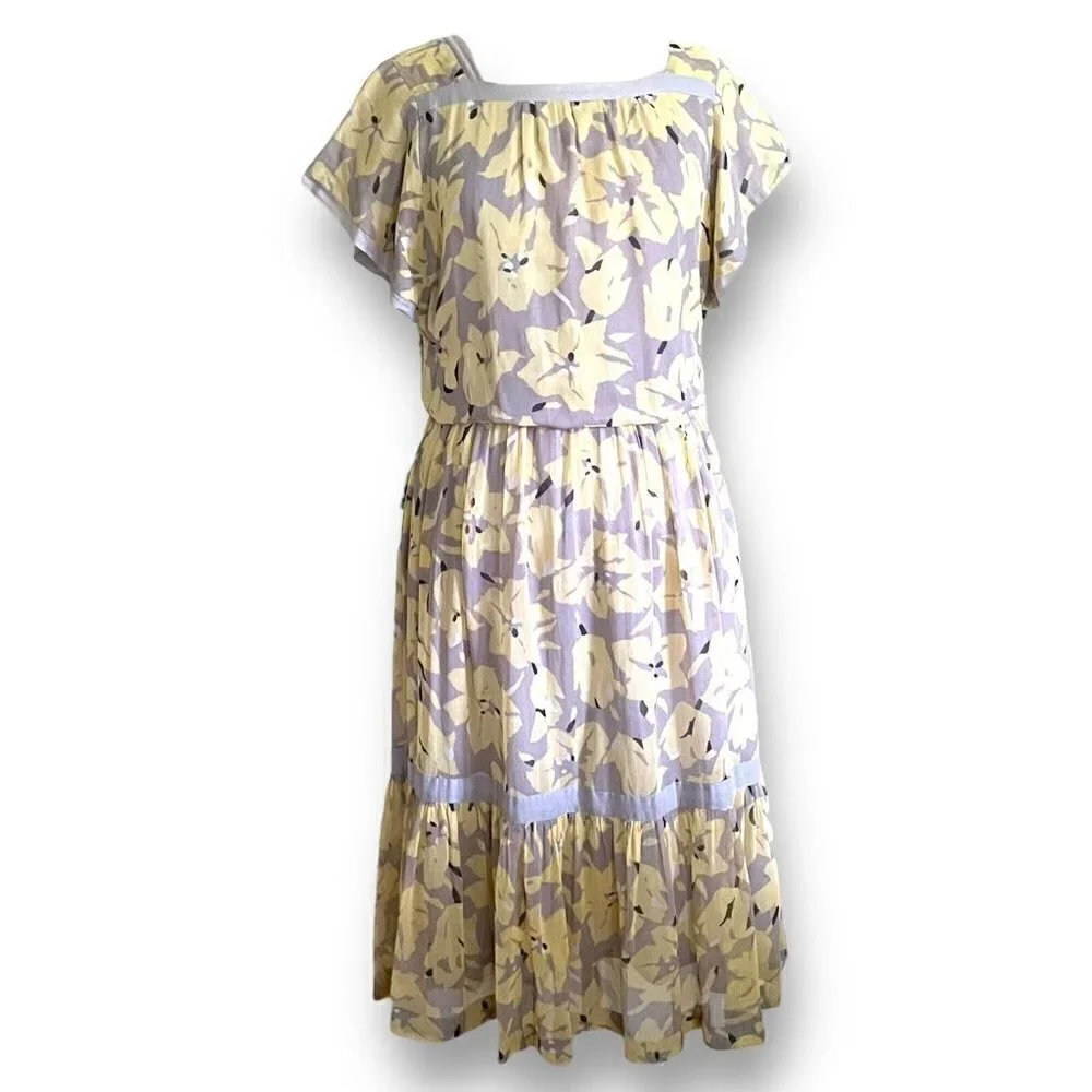 Vintage 80s Womens Midi Dress Sz M Gray Yellow Floral Boho Blouson Cotton Gauze - Picture 2 of 11